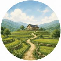 Terraced green hills with a path and a small farmhouse