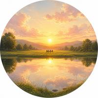 A calm lake at sunrise with a few people sitting together